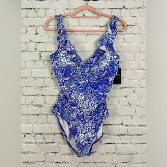 LAUREN RALPH LAUREN Artisanal Woodblock Ruffle Tummy Control One Piece 14 NWT - Picture 3 of 6
